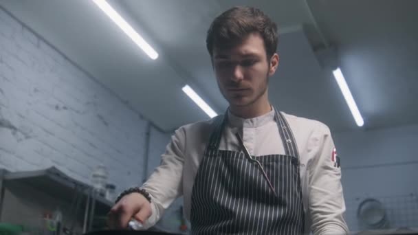 Chef Cuisinier Délicieux Repas Sur Cuisinière Homme Cuire Viande Frites — Video