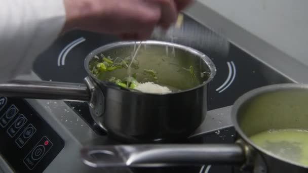 Σεφ Μαγειρεύει Νόστιμο Φαγητό Στη Σόμπα Αρσενικός Μάγειρας Εργάζεται Στην — Αρχείο Βίντεο