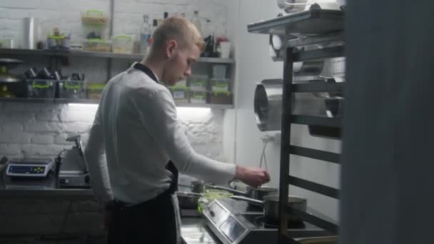 Νεαρός Σεφ Μαγειρεύει Νόστιμο Γεύμα Αρσενικός Μάγειρας Δουλεύει Στην Κουζίνα — Αρχείο Βίντεο