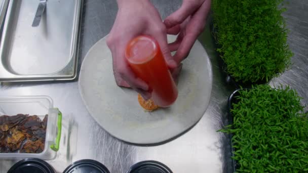 Chef Hace Presentación Del Plato Para Servir Cocinero Vierte Ketchup — Vídeo de stock