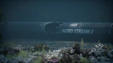 Baltık Denizi sularının altındaki Nord Stream 2 doğalgaz boru hattının patlamasının 3 boyutlu çizimi. Hasarlı boru.