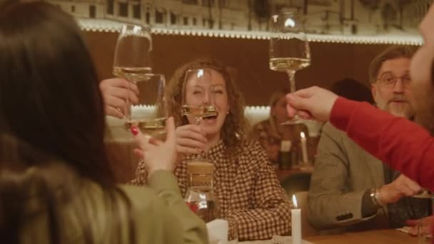 Neşeli Insanlar Kadehlerini Tokuşturur Modern Gastro Kafede Akşam Yemeğinde Şarap — Stok video