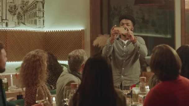 African American Man Takes Photo Selfie Friends Cozy Cafe Using — Stock Video