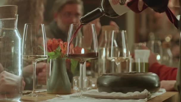 Close Shot Waiter Pouring Red Wine Bottle Glass Restaurant People — Stock Video