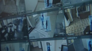 Bilgisayar veya dijital tablet ekranın yakın çekim görüntüleri modern tarama sistemiyle birlikte çalışan ofisteki güvenlik kameralarını gösteriyor. CCTV kameraları. Yüksek teknoloji güvenlik. Sosyal güvenlik kavramı.