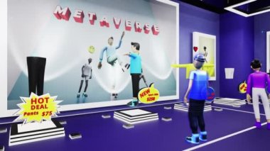 Fütürist sanal giyim mağazasının 3 boyutlu animasyonu. Simgeli avatarlar alışveriş merkezinde yürürler ve giysi seçerler. Posterler ve fiyat etiketleri. Gelecekteki metaevren teknolojileri kavramı. Modern dijital dünya.