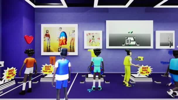 Визуализация Футуристического Виртуального Магазина Одежды Люди Аватары Выбирают Одежду Онлайн — стоковое видео