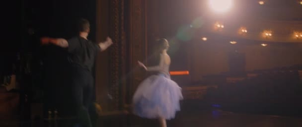 Balletttänzer Üben Ballettbewegungen Und Proben Choreografien Auf Der Klassischen Theaterbühne — Stockvideo
