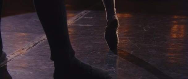 在剧场舞台上的舞蹈排练中 在聚光灯的照耀下 让芭蕾舞演员的腿被拍得大大的 穿着尖头鞋的芭蕾舞女踮着脚尖旋转着 古典芭蕾舞表演 — 图库视频影像