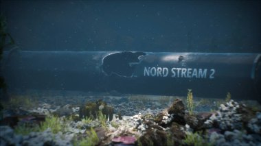 Baltık Denizi sularının altındaki Nord Stream 2 doğalgaz boru hattının patlamasının 3 boyutlu çizimi. Hasarlı boru.