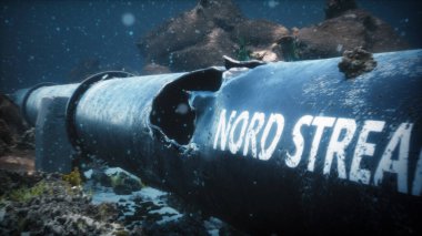 Baltık Denizi sularının altındaki Nord Stream 2 doğalgaz boru hattının patlamasının 3 boyutlu çizimi. Hasarlı boru.