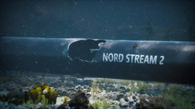 Baltık Denizi sularının altındaki Nord Stream 2 doğalgaz boru hattının patlamasının 3 boyutlu çizimi. Hasarlı boru.