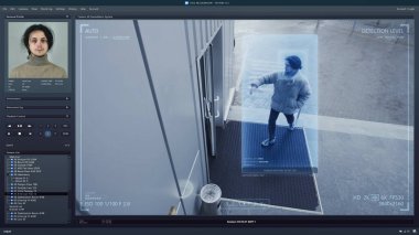 Bilgisayar ekranındaki CCTV kameralarını oynat. İş yerinin güvenlik kamerası dışında. Yüz tanıma programı ve kişisel profilleri olan yapay zeka. Yüz tarama sistemi. Dijital izleme ve izleme.