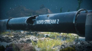 Baltık Denizi sularının altındaki Nord Stream 2 doğalgaz boru hattının patlamasının 3 boyutlu çizimi. Hasarlı boru.
