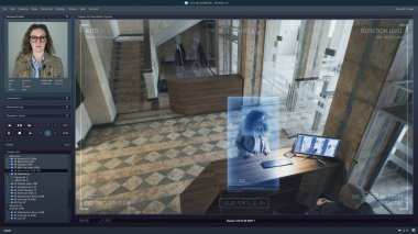 Bilgisayar ekranındaki CCTV kameralarını oynat. Ofis lobisindeki güvenlik kamerası. Yüz tanıma ve kişisel profilleri olan yapay zeka yazılımı. Yüz tarama sistemi. İzleme ve izleme.