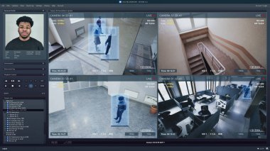 İş yerindeki güvenlik kameralarını bilgisayar ekranında oynat. Bilgi ve tanıma sistemine sahip yapay zeka gelecek programının arayüzü. Güvenlik kameraları. Tanımlama ve izleme kavramı.
