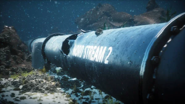 stock image 3D render illustration of the explosion of the Nord Stream 2 gas pipeline under the water of the Baltic Sea. Damaged pipe.