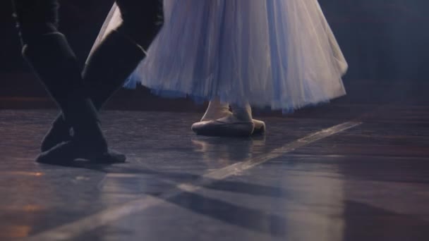 在舞台剧排练过程中 芭蕾舞演员在舞台上练习腿的特写镜头 男男女女准备表演 跳舞和表演芭蕾舞 古典芭蕾舞艺术 — 图库视频影像