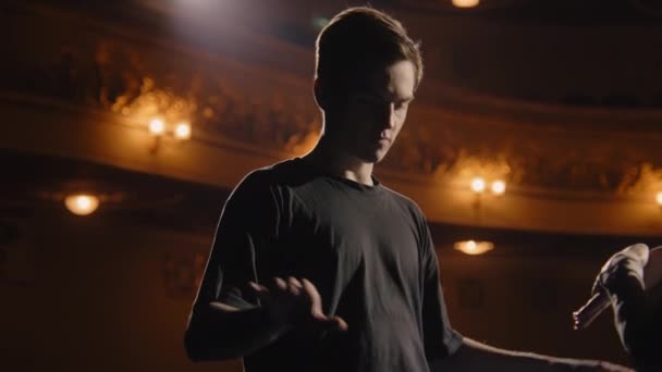 Concentrated Ballet Male Dancer Stands Ballerina Theater Stage Makes Visual — Stock Video