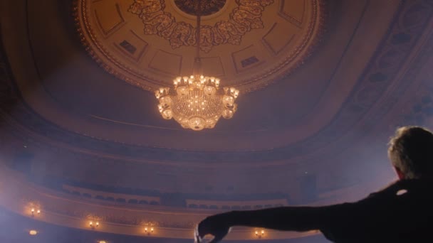 Человек Тренировочном Костюме Поднимает Балерину Руки Вращается Вокруг Себя Театральной — стоковое видео