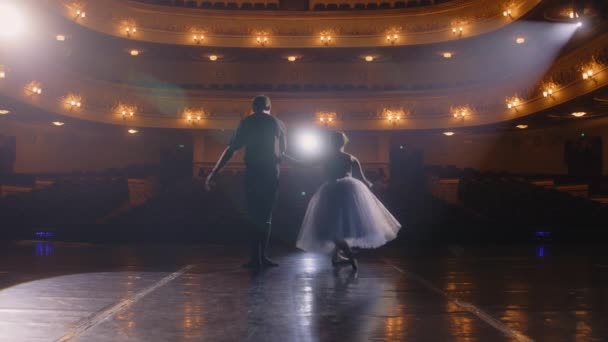 Para Tancerzy Baletowych Kłania Się Przed Rzędami Siedzeń Balerina Partnerem — Wideo stockowe
