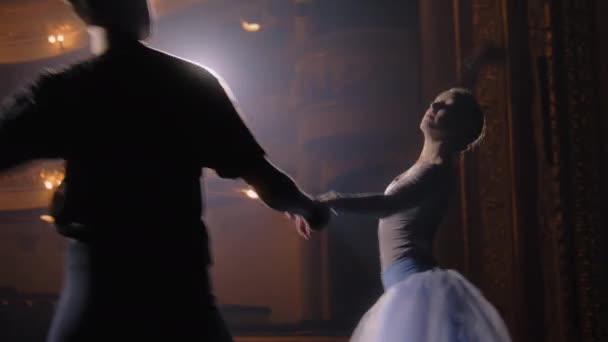 バレエダンサーのカップルは ショーの開始前に劇場の舞台上で動きを練習します 振付のリハーサルのプロのダンサー 公演前にパートナーとバレリーナ ライトアップされた劇場 — ストック動画