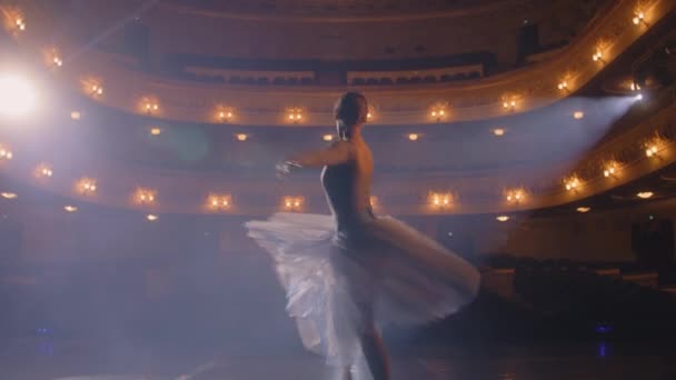 Dançarina Balé Branco Tutu Práticas Vestido Coreografia Move Palco Prepara — Vídeo de Stock