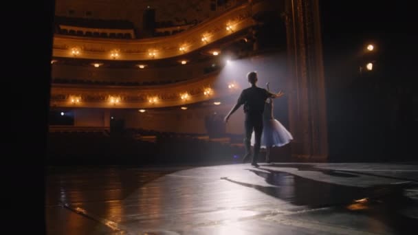 美しいバレエダンサーのペアは 劇場の舞台上で視覚的な動きを練習します パフォーマンスリハーサルのパートナーと一緒に優雅なバレリーナ 舞台上にスポットライトを当てます 古典バレエ芸術の概念 — ストック動画
