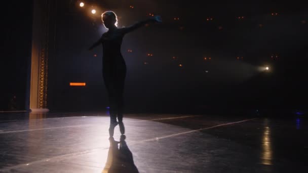 Volwassen Ballerina Draait Danst Tenen Oefent Balletbewegingen Choreografierepetitie Theaterpodium Verlicht — Stockvideo