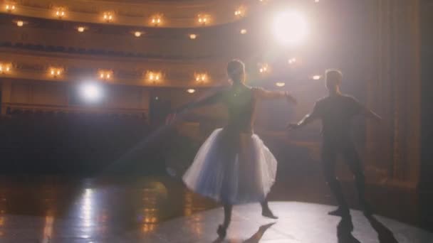 优雅的芭蕾舞演员与舞伴一起穿着训练服跳舞 并在剧场舞台上排练舞蹈动作 几个芭蕾舞演员在表演前练习 古典芭蕾舞艺术的概念 — 图库视频影像