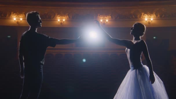 Ein Paar Klassischer Balletttänzer Bei Der Probe Vor Der Vorstellung — Stockvideo
