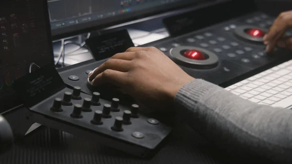 Hands Close African American Video Editor Working Color Grading Control — Stock Photo, Image