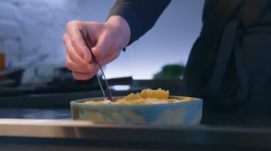 Profesyonel aşçı çiçek tabağıyla mantı ve peynirle dekore eder. Şef lezzetli yemekler sunar. Profesyonel lezzetli mutfağı olan bir restoran. Gastronomik sanat. Kamu hizmeti. Kapat..