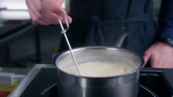 Close Shot Chef Cook Mix Cream Sauce Spiral Whisk Stewpan — Vídeo de Stock