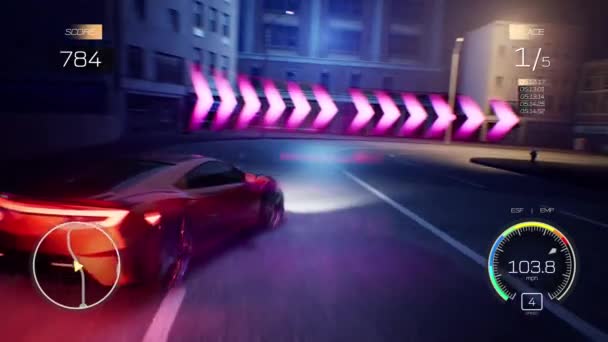 赛车模拟器的三维计算机图形 夜市现代城市道路上跑车快速行驶 游戏游戏的赛车游戏与界面 在电脑或移动屏幕上播放 — 图库视频影像