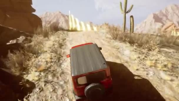 赛车模拟器3D动画 越野车沿着峡谷或沙漠漂流驶出城市 游戏游戏的赛车游戏与界面 在计算机或移动屏幕上播放 — 图库视频影像