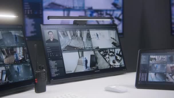 Computer Monitors Tablet Showing Video Footage Surveillance Cctv Cameras Facial — Stock Video