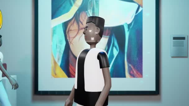 Gjengivelse Nedsenkende Virtuelt Museum Menneske Som Avatar Opptrer Kunstgalleri Avatars – stockvideo