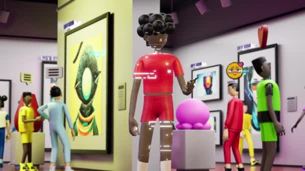 Rendu Musée Virtuel Futuriste Humain Comme Avatar Apparaît Dans Galerie — Video