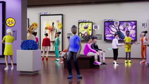 Визуализация Футуристического Виртуального Музея Аватар Появляется Художественной Галерее Люди Аватары — стоковое видео