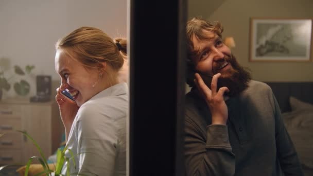 Loving Neighbors Happy Man Woman Different Rooms Flats Talk Phone — Stock Video