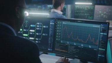 Bilgi işlem yazılım mühendislerinden oluşan çok ırklı bir ekip gözlem ofisinde çalışıyor. Veri sunucusu, engelleme ağı ve bilgisayarlarda ve büyük dijital ekranlarda gösterilen canlı analiz çizelgeleri. Siber güvenlik kavramı.