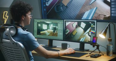 Genç 3D tasarımcı modern ev iç mimarisi yaratıyor, ev ofisinde bilgisayar ve büyük dijital ekranda profesyonel yazılım arayüzü ve 3D modelleme ve planlama araçlarıyla tasarım projesi üzerinde çalışıyor.