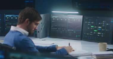 Profesyonel yazılım mühendisi büyük veri sunucusu ve engelleme ağıyla bilgisayarın önünde oturur, gerçek zamanlı analiz çizelgeleriyle modern izleme kontrol odasında çalışır. Siber güvenlik kavramı.