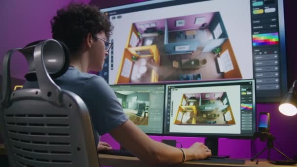 年轻的3D设计师创作现代住宅内部 在总部设计项目 青少年利用软件接口和工具 在计算机和大数字屏幕上训练三维建模和规划 — 图库视频影像