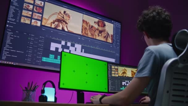 Young Video Maker Edits Movie Space Mission Works Home Office — Stock Video