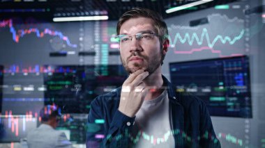 Male investment specialist analyzes cryptocurrency charts in modern office. 3D render of real-time stocks on glass wall. Futuristic AI VFX animation. Computers and big digital screens on background. clipart