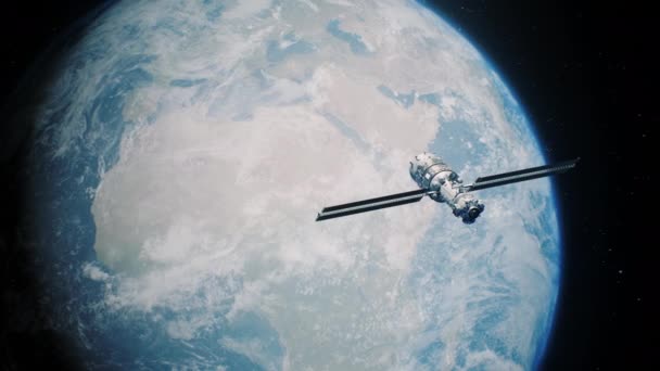 宇宙空間で回転する美しい地球惑星の3Dアニメーション 衛星は前景で軌道上を飛行し 世界的なネットワーク信号を送信する 現代の宇宙技術 発見と探査の概念 — ストック動画