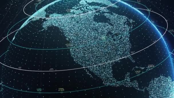 Animerade Digitala Linjer Över Roterande Big Data Earth Planet Strömmar — Stockvideo