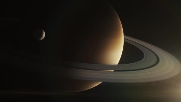 真实的三维图像 在黑暗的太空中 日照的土星和它的月亮Mimas Dione或Titan 神秘的土星环背景上的恒星和星系太阳系行星 宇宙探索 — 图库视频影像